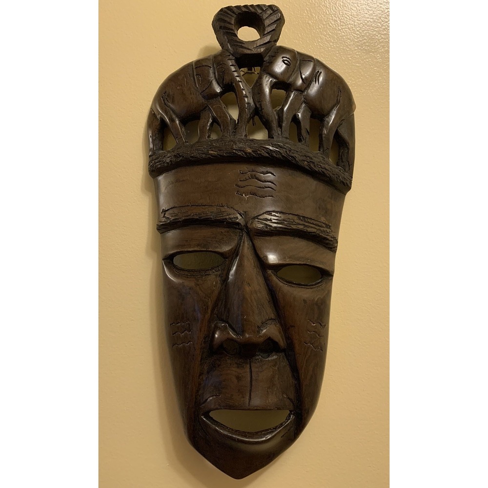VTG Hand Carved African Wood Tribal Mask Wall Hanging- Elephants 17" Rustic Back